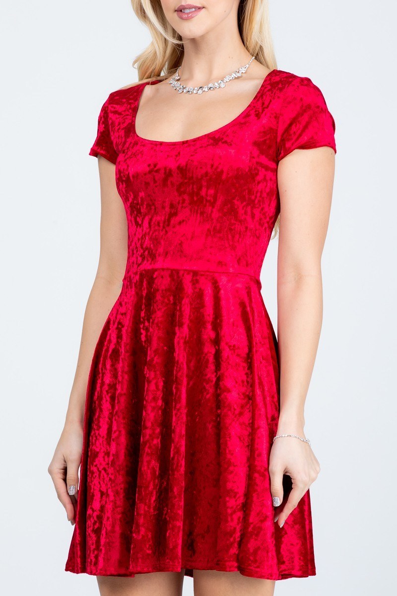 Crushed velvet skater dress, short sleeves, scoop neckline, red, gathered flared skirt