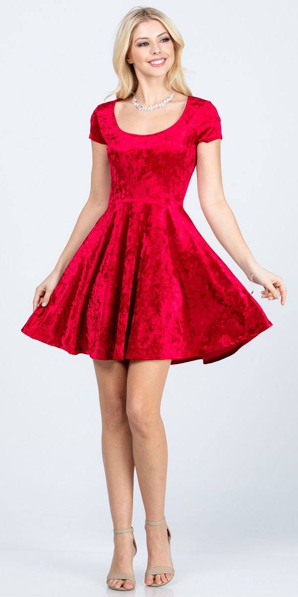 Crushed velvet skater dress, short sleeves, scoop neckline, red, fit-and-flare skirt