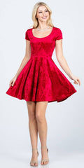Crushed velvet skater dress, short sleeves, scoop neckline, red, fit-and-flare skirt