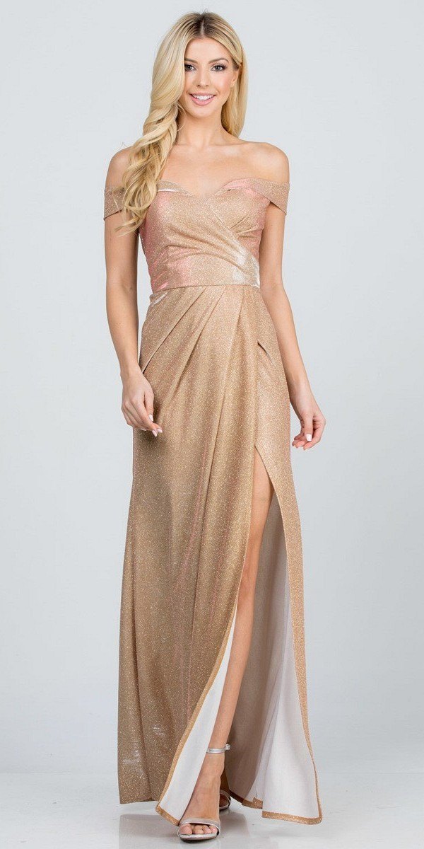 Champagne glitter off-shoulder gown with gathered waist and flowing skirt slit