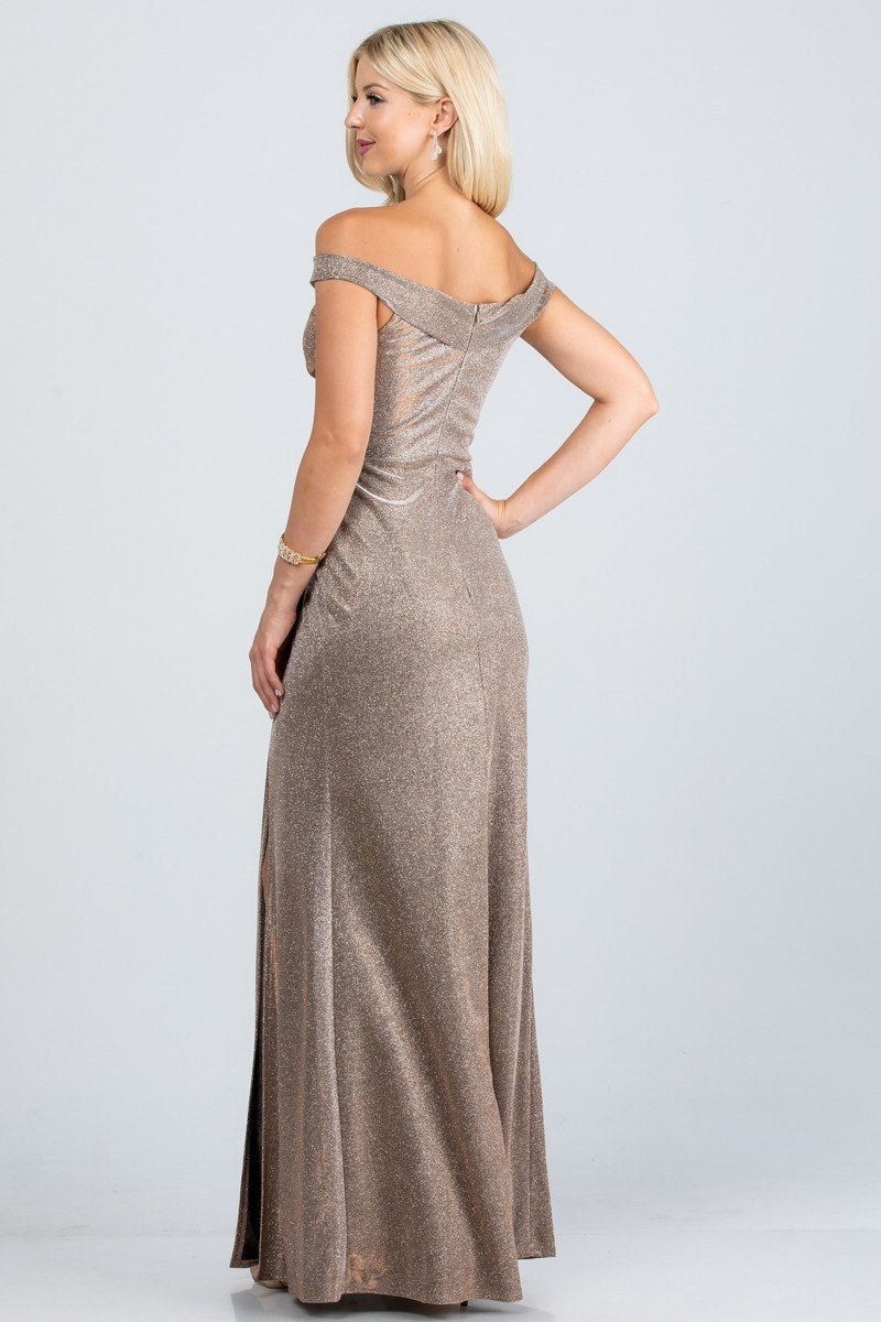 Off-the-shoulder glitter jacquard gown with gathered waist and side slit in champagne