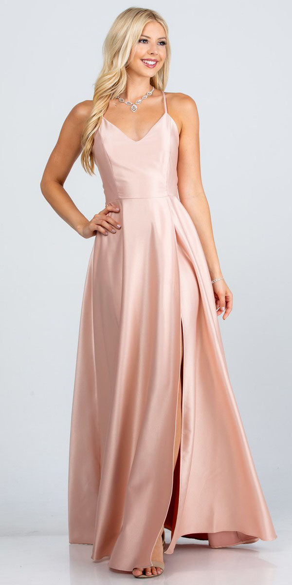 Light pink stretch satin spaghetti-strap gown with open side slit and full skirt