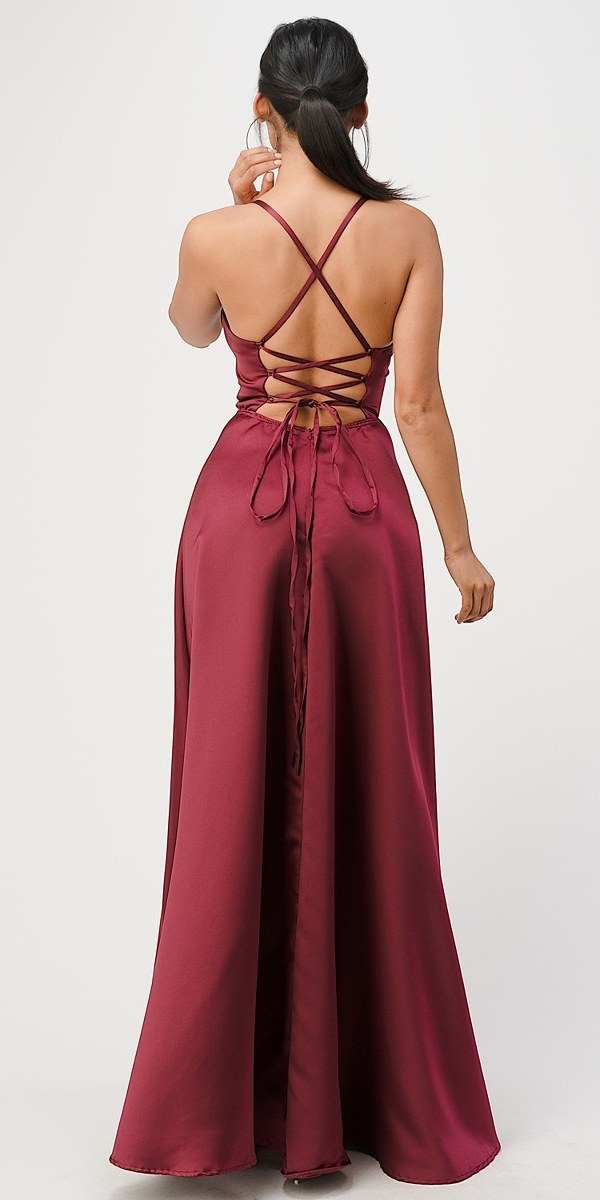 Back view of burgundy stretch satin gown with crisscross open-back straps