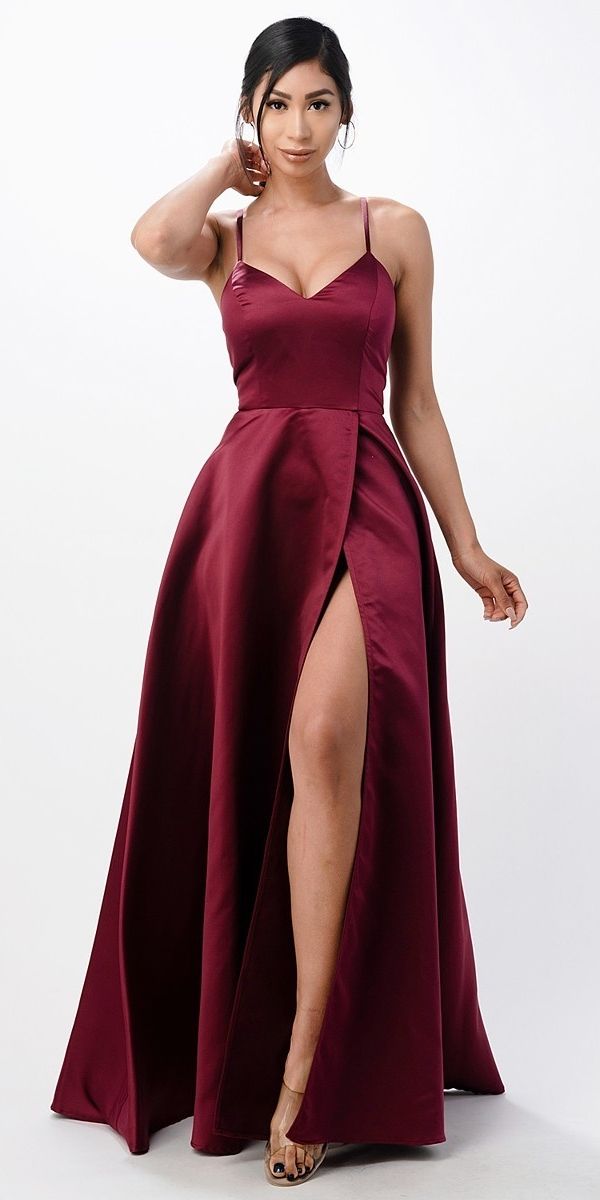 Burgundy stretch satin spaghetti-strap gown with deep front slit and ruched waist