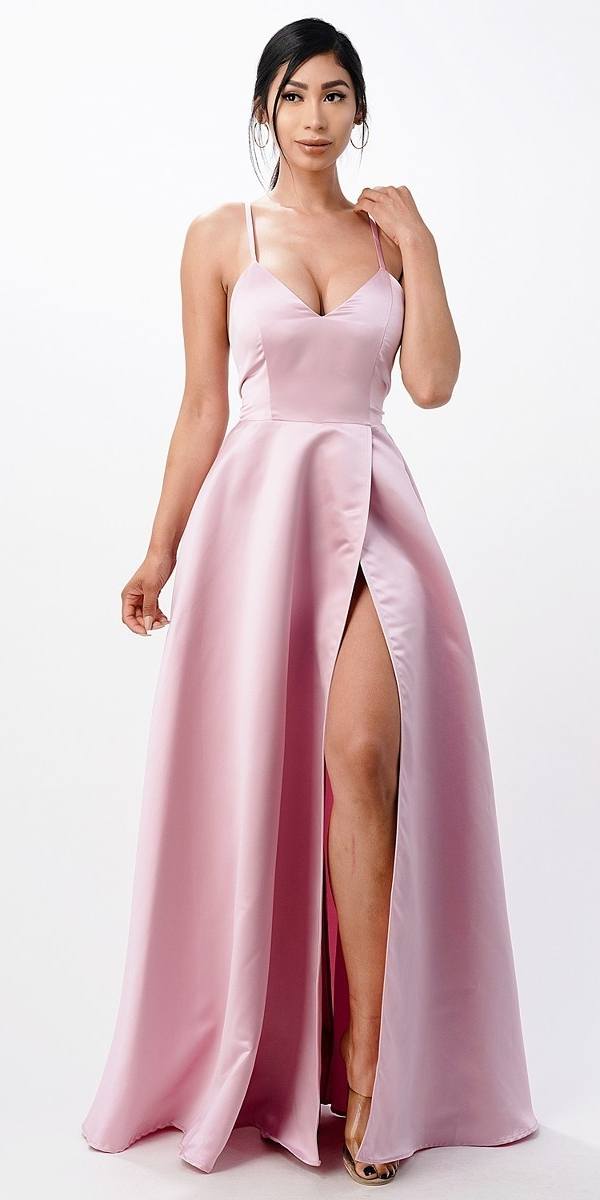 Light pink stretch satin spaghetti-strap gown with V neckline and front slit