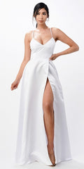 White stretch satin spaghetti-strap gown with open side slit and fitted bodice