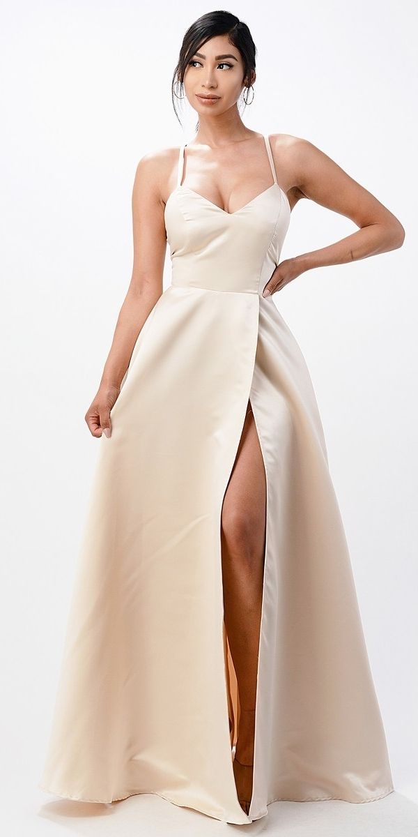 White stretch satin spaghetti-strap gown with open side slit and open back