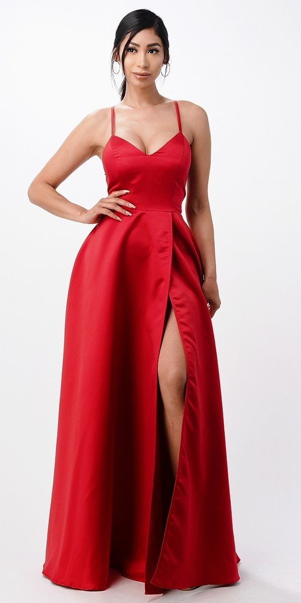 Red stretch satin spaghetti-strap gown with fitted bodice and high front slit