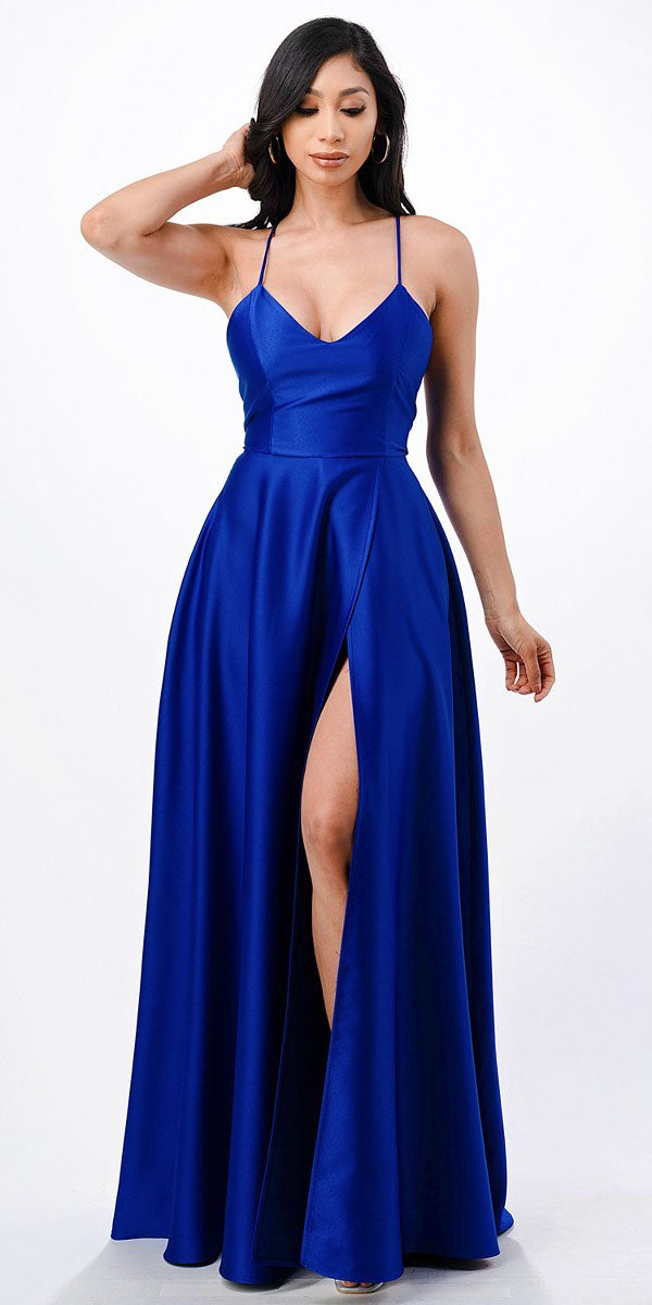 Royal blue stretch satin spaghetti-strap gown with long open side slit