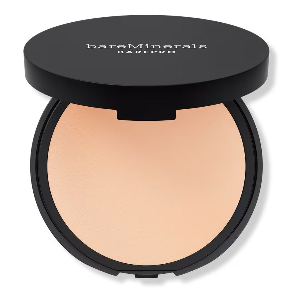 Skin-perfecting powder foundation compact, beige powder tone, black case