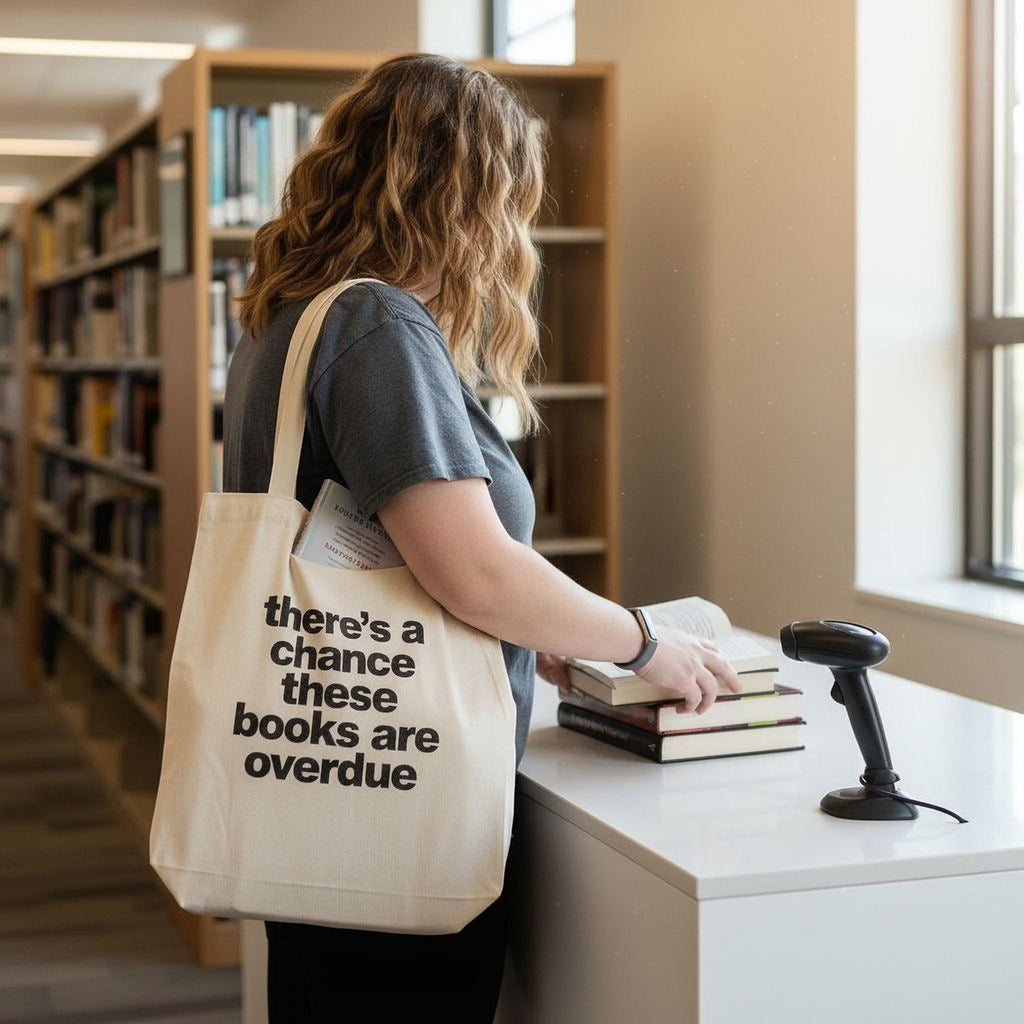 Canvas tote bag beside stacked books, printed quote: there's a chance these books are overdue