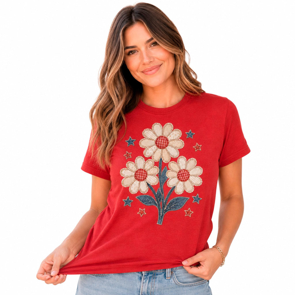 Red unisex crewneck T-shirt with cream-and-red daisy bouquet and star accents