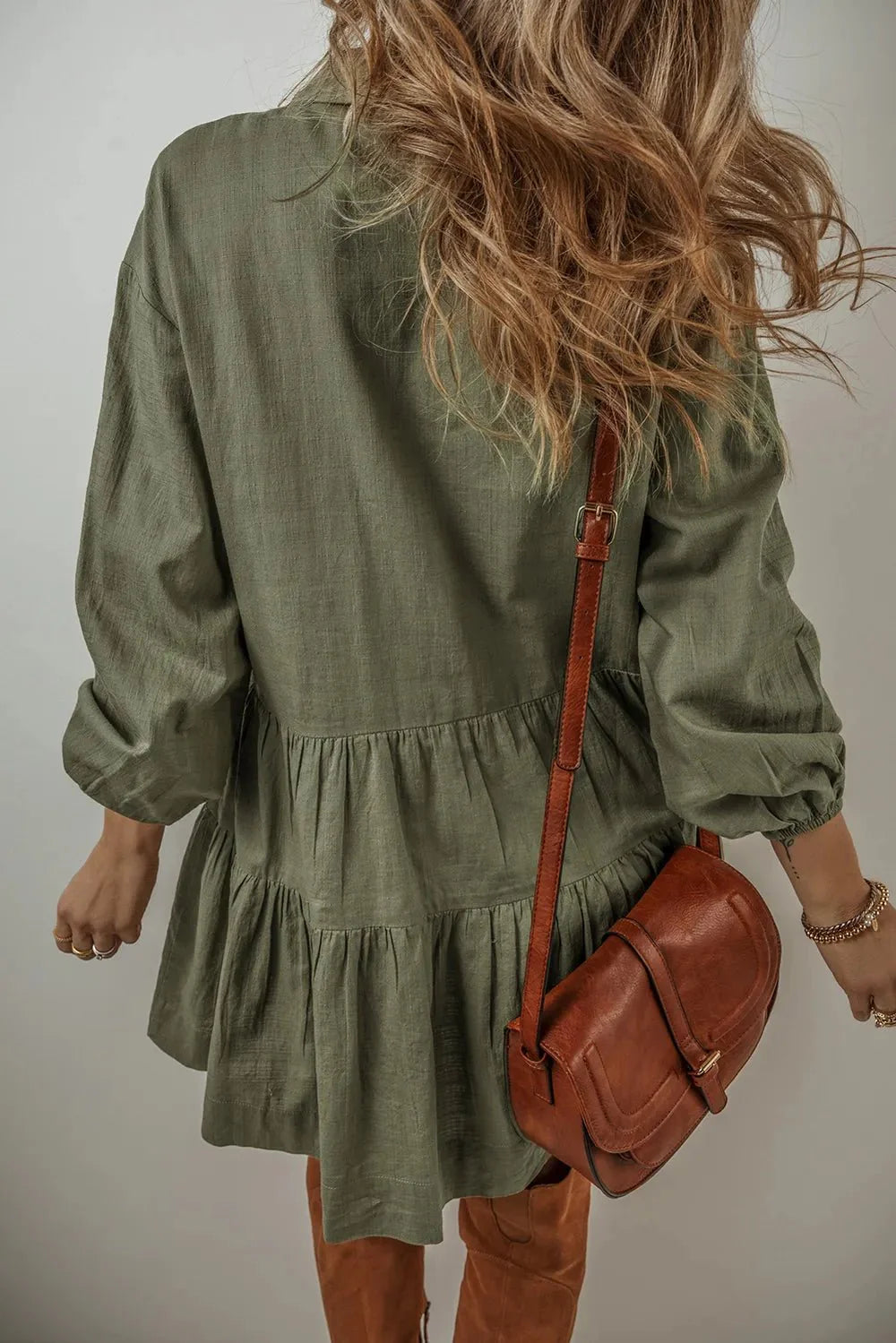 Tiered Balloon Sleeve Dress with Collared Neck Design