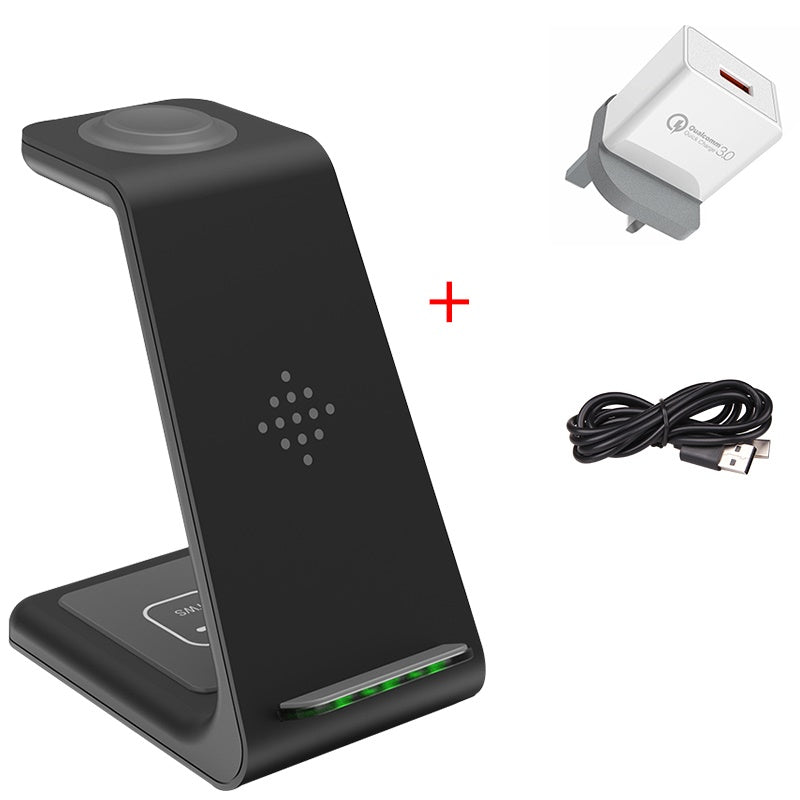 Black wireless charging stand with phone cradle, plus EU plug adapter and USB cable.