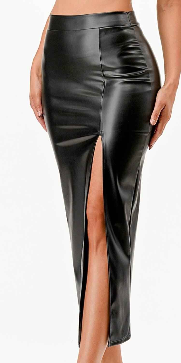 Mid-length black faux leather pencil skirt with front slit and curved seam panel.