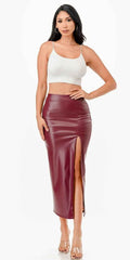 Mid-length burgundy PU leather pencil skirt with front slit
