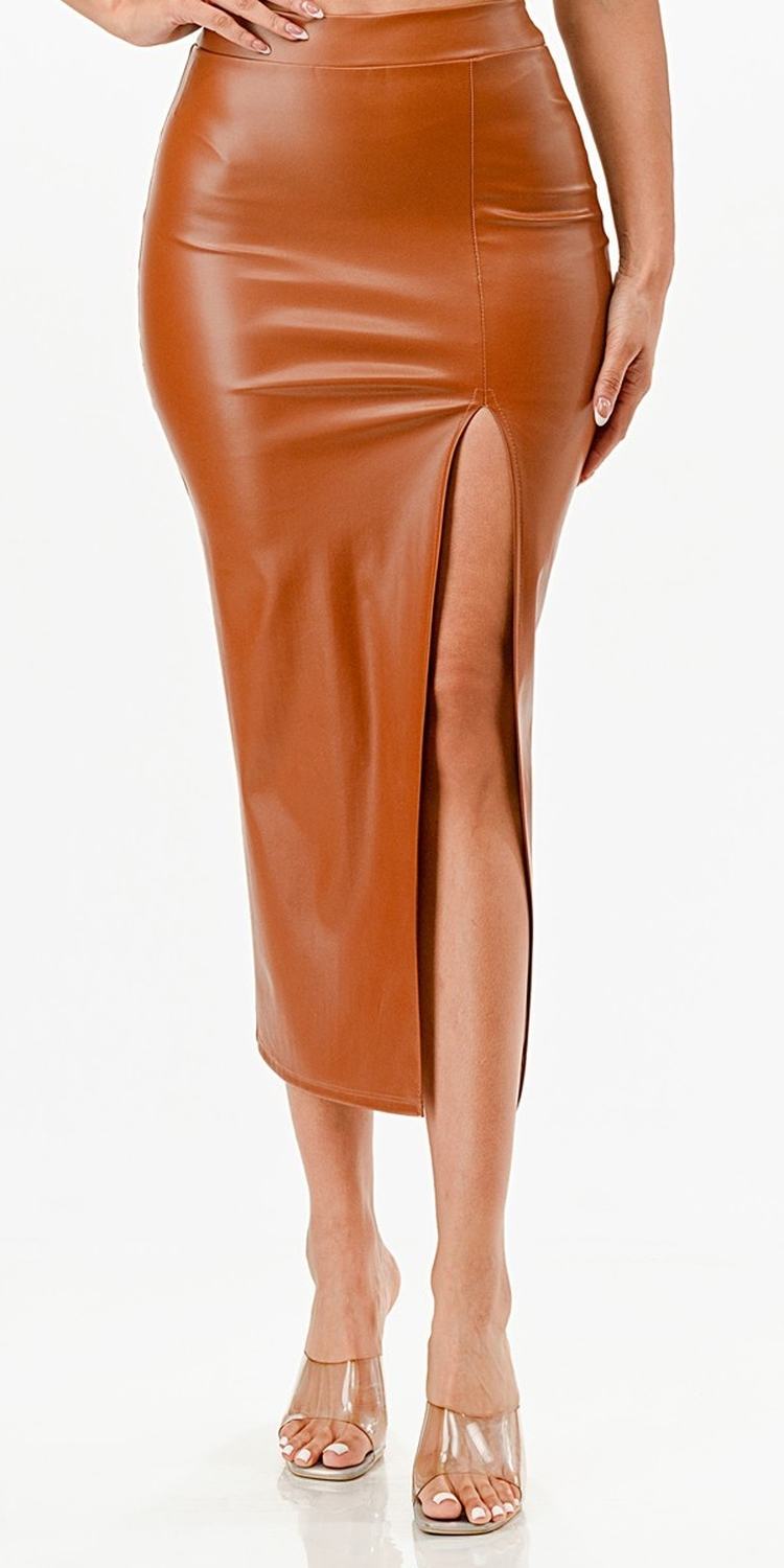 Mid-length tan PU leather pencil skirt with front slit