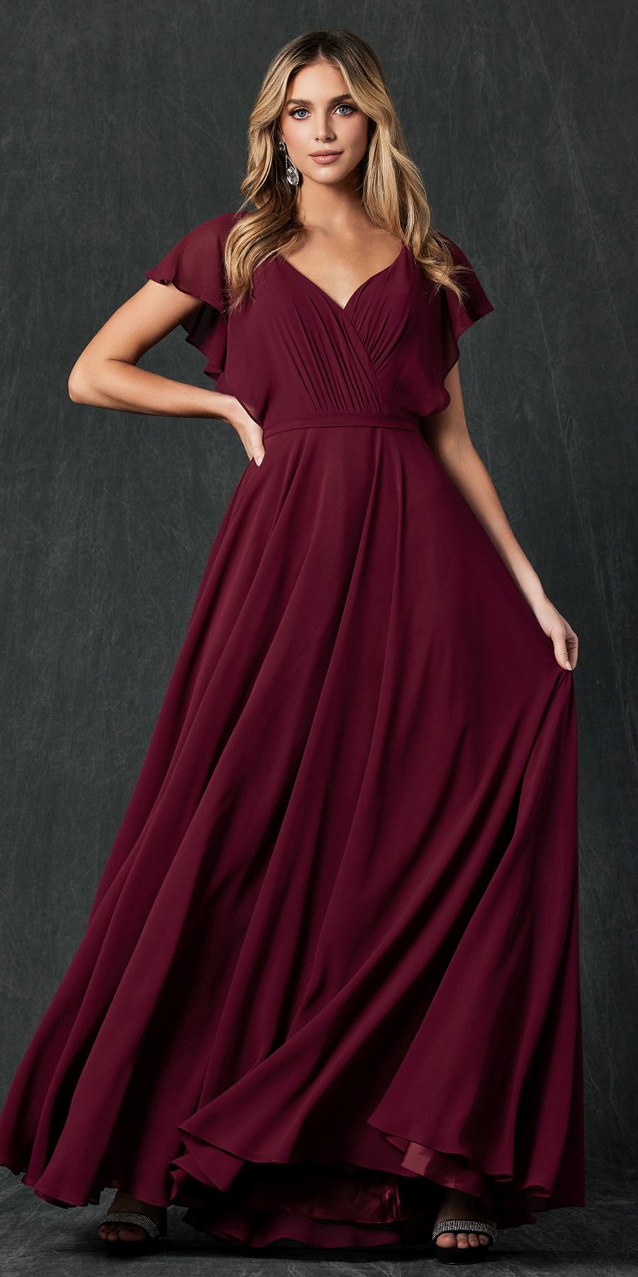Burgundy V-neck formal dress with flutter sleeves and gathered waist maxi skirt