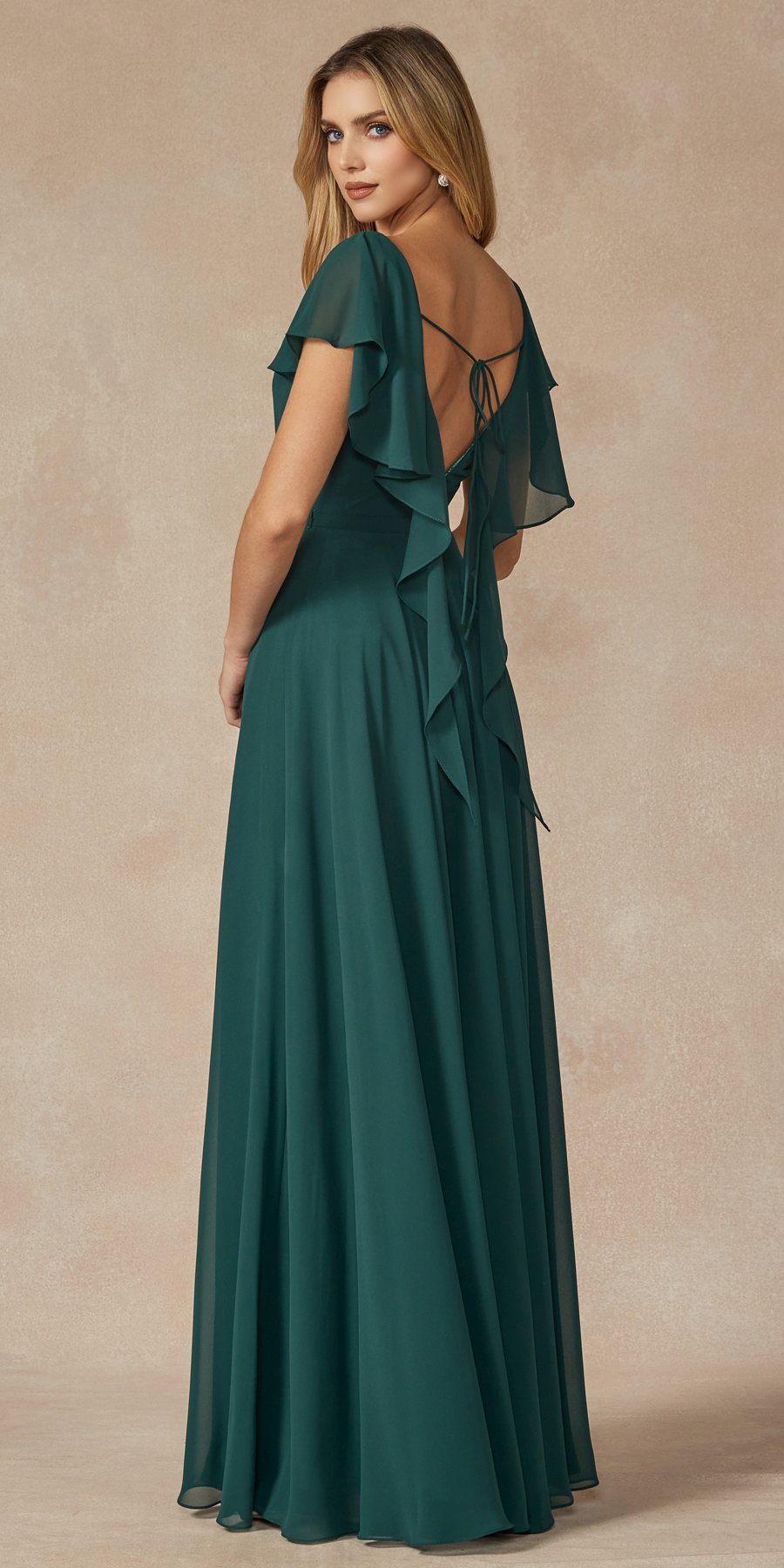 Dark teal formal dress back view with flutter sleeves, V-neck, and cascading drape