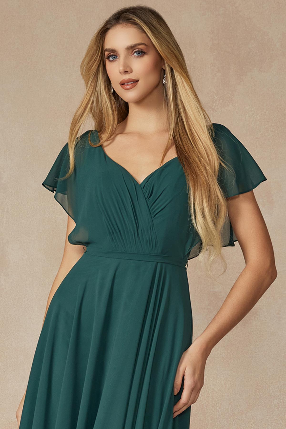Teal V-neck formal dress with flutter sleeves and fitted ruched waist