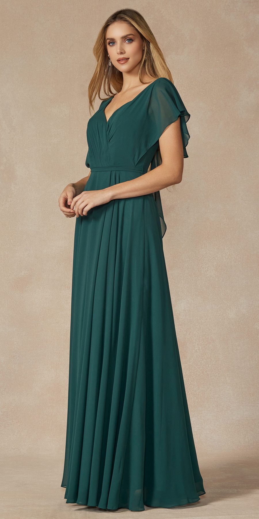 Teal V-neck formal dress with flutter sleeves and pleated, flowing maxi skirt