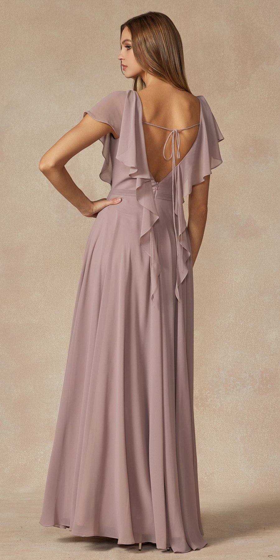 Mauve formal dress with flutter sleeves and open back with crisscross tie, flowing maxi skirt