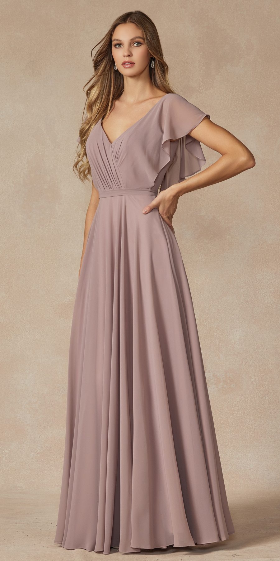 Mauve formal dress with flutter sleeves and V-neck, gathered waist, pleated maxi skirt