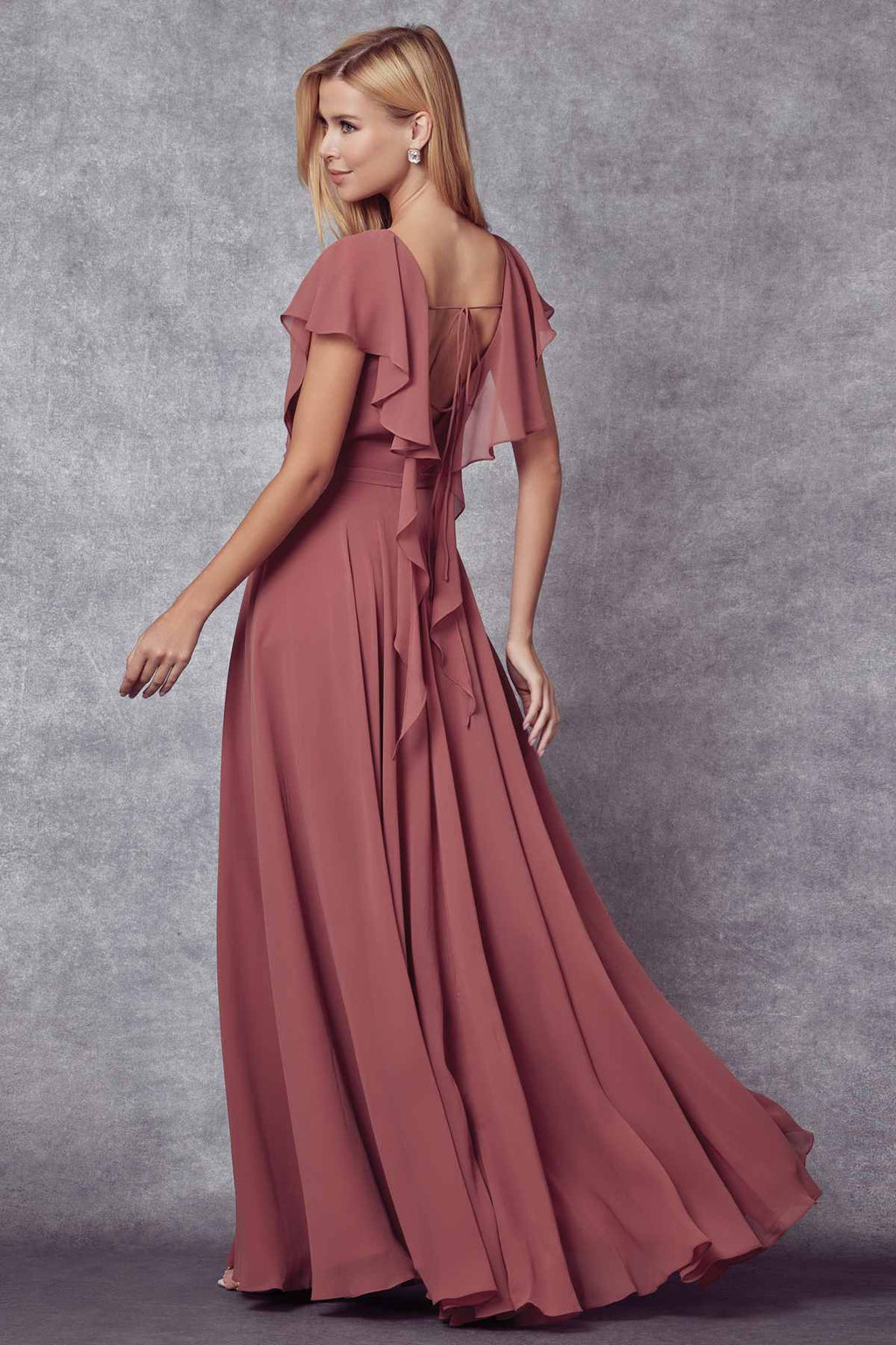 Mauve formal dress with flutter sleeves, draped V-neck, pleated maxi skirt