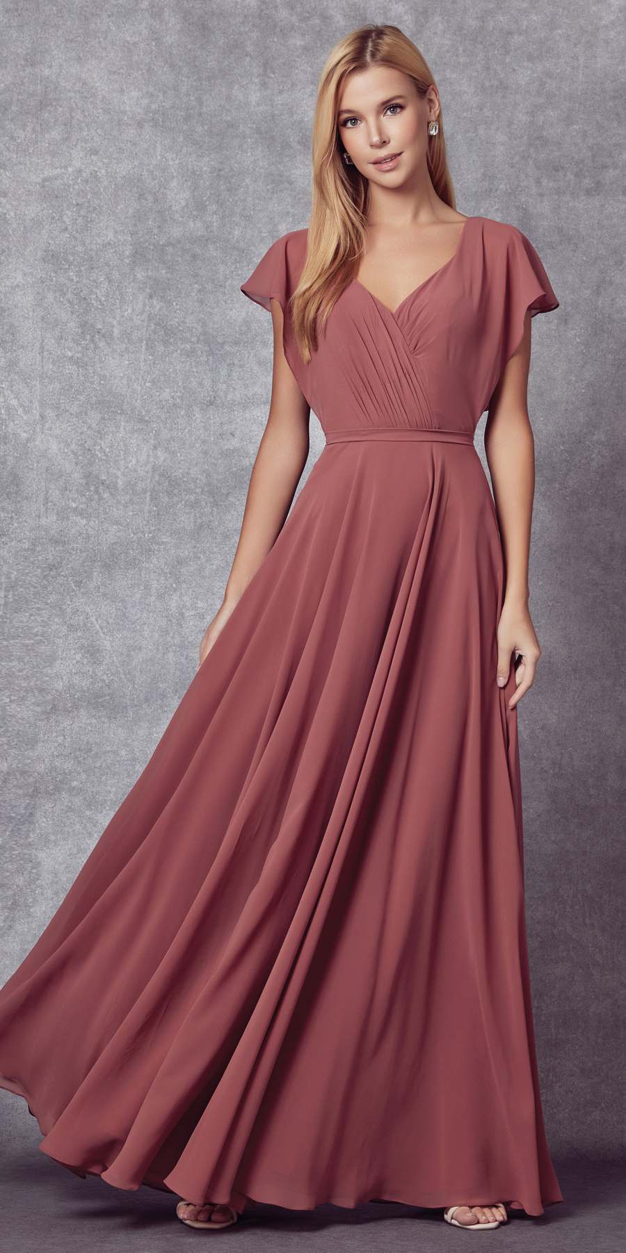 Mauve formal dress with short flutter sleeves, V-neck bodice, pleated flowing maxi skirt