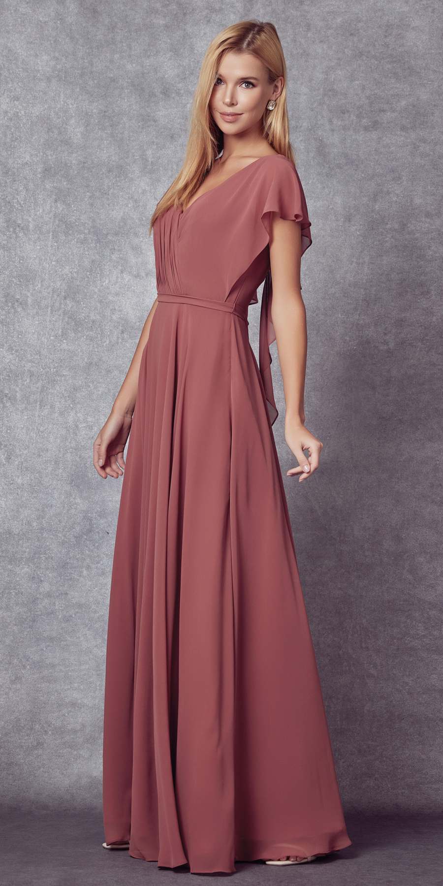 Mauve formal dress with flutter sleeves and cinched waist, pleated maxi skirt