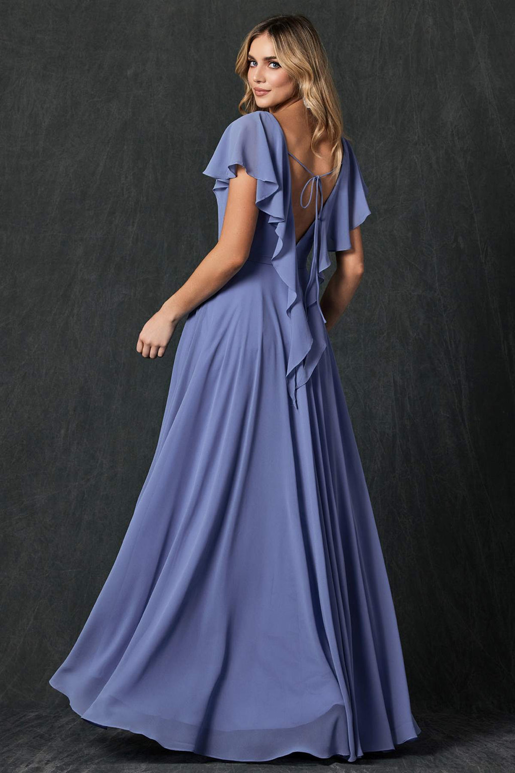 Lavender formal dress with flutter sleeves, V-neck, and layered ruffle detail