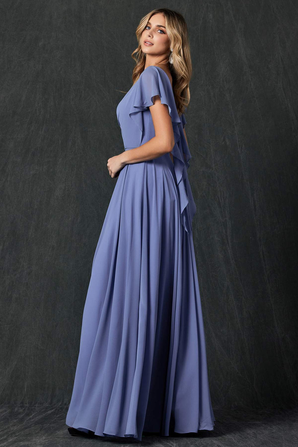 Lavender V-neck formal dress with flutter sleeves and flowing pleated maxi skirt