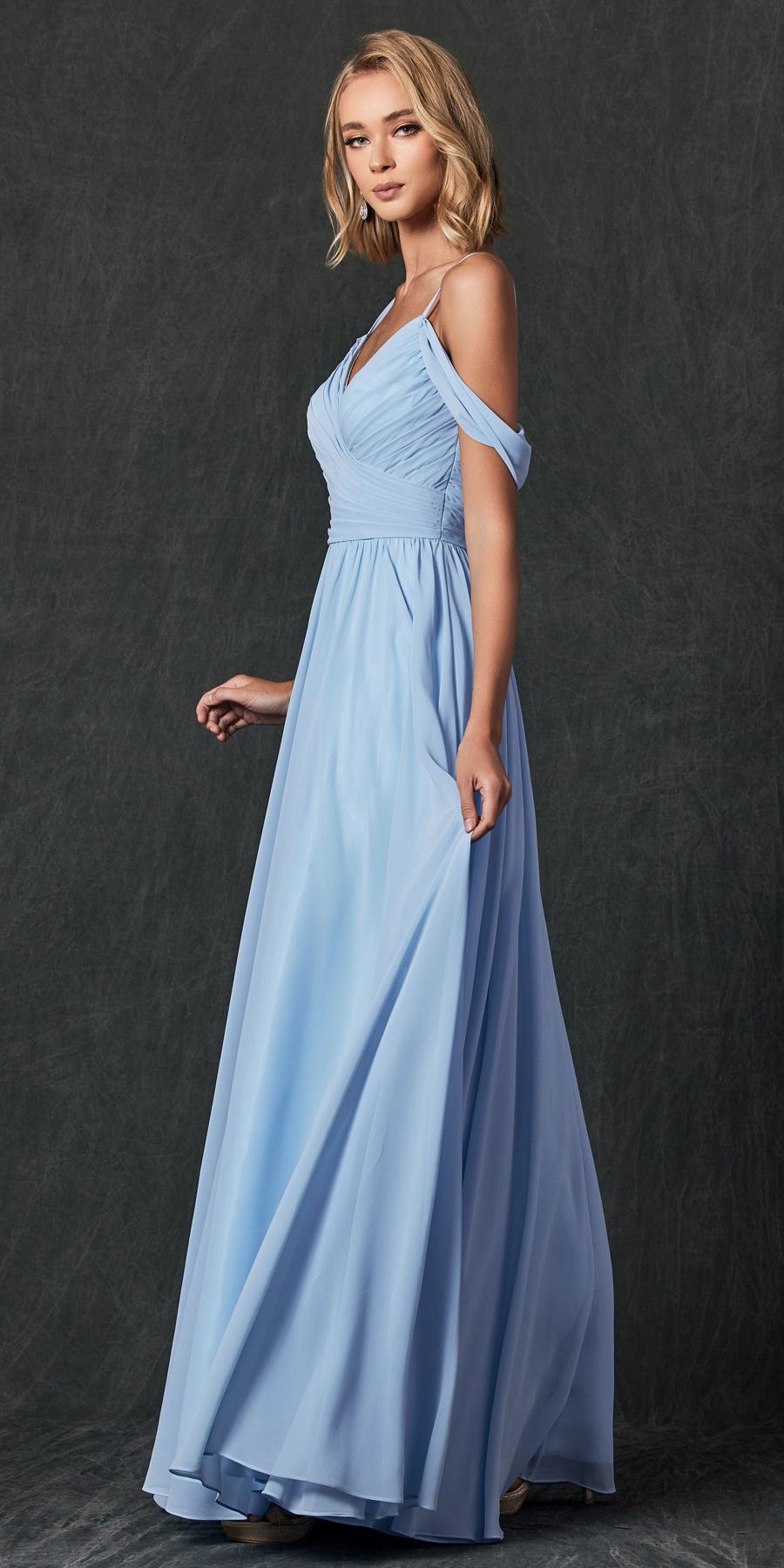 Ice blue pleated off-shoulder formal dress with fitted waist and floor-length skirt