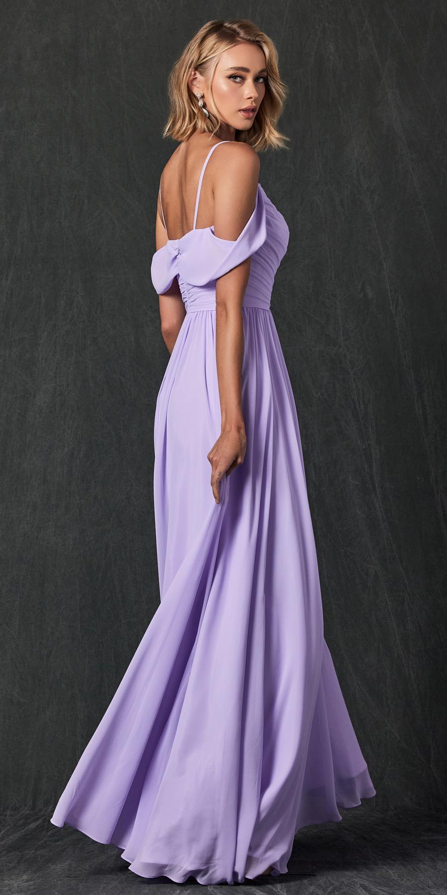 Lilac pleated off-shoulder formal dress with fitted waist and full flowing skirt