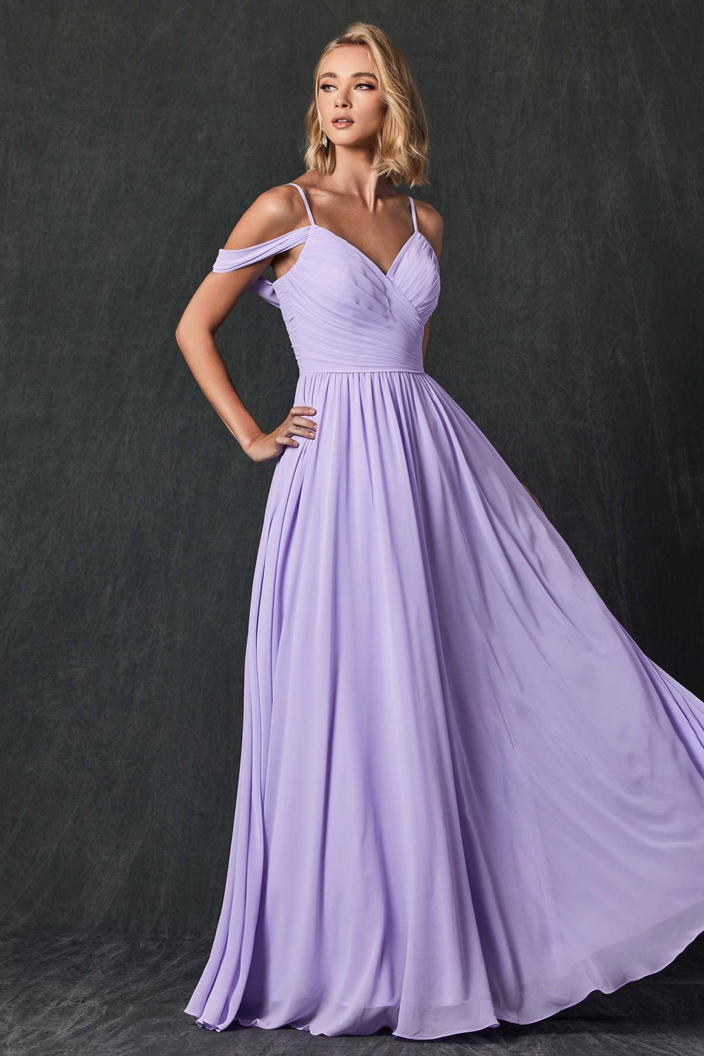 Lilac pleated off-shoulder formal dress with draped straps and long gathered skirt