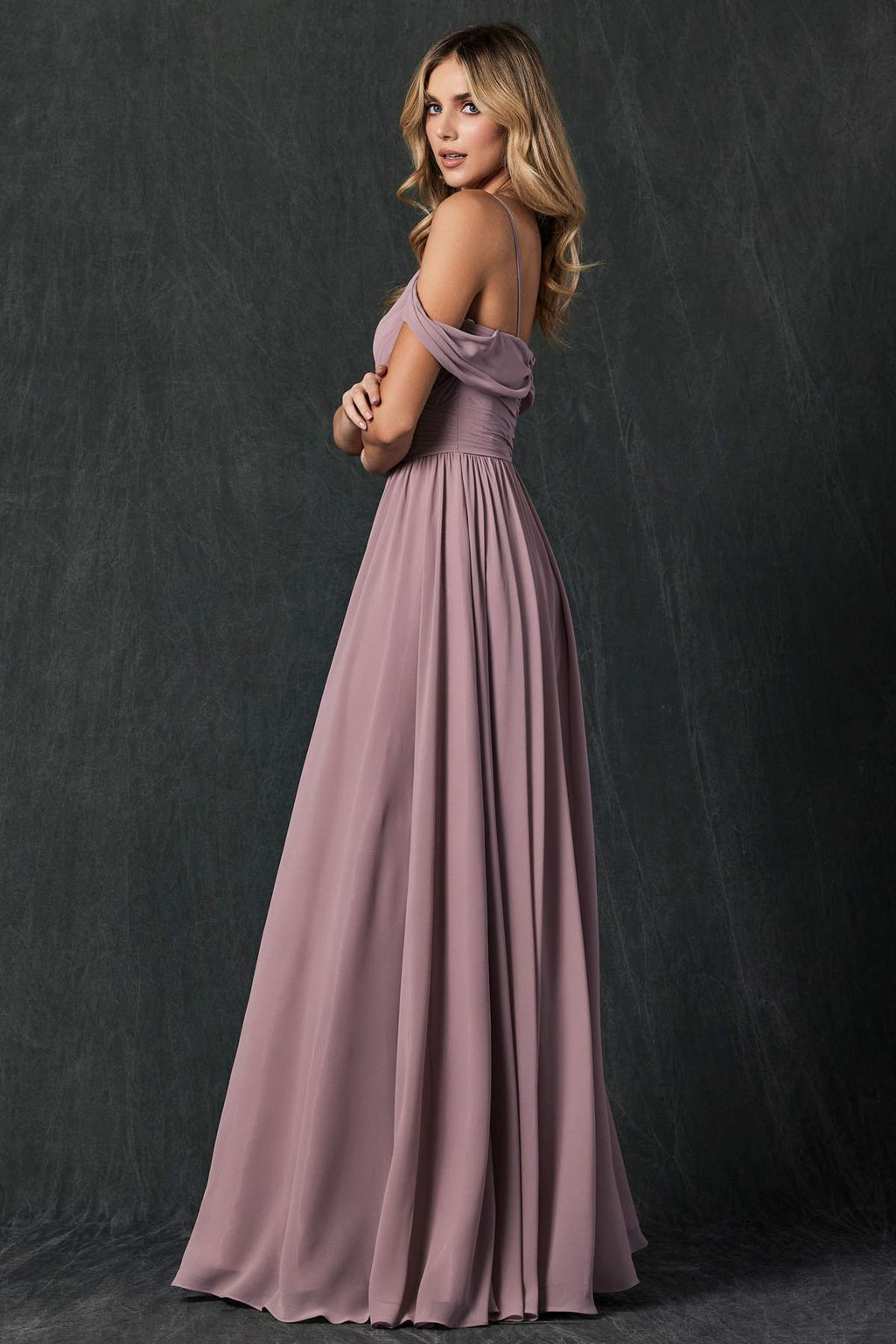 Mauve pleated off-shoulder formal dress with spaghetti straps and floor-length skirt