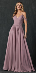 Mauve pleated off-shoulder formal dress with fitted bodice and long A-line skirt