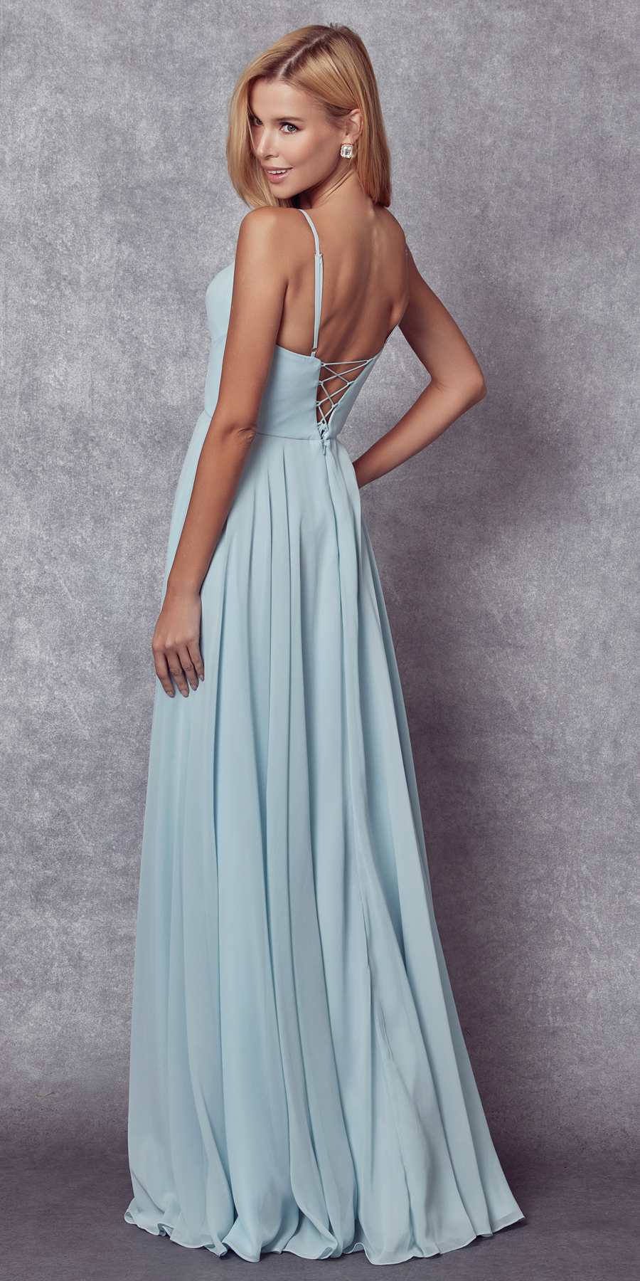 Spaghetti strap long formal dress in light aqua blue with open back and flowing skirt