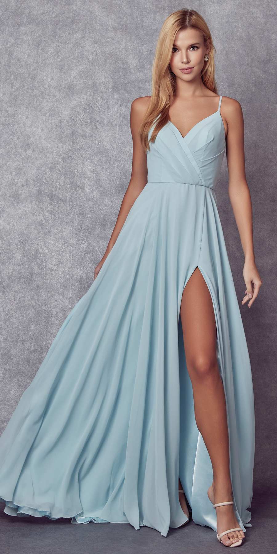 Spaghetti strap long formal dress in light aqua blue with V-neck and front slit