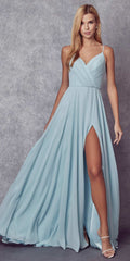 Spaghetti strap long formal dress in light aqua blue with V-neck and front slit