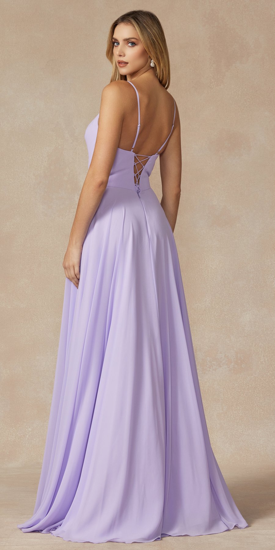 Spaghetti strap long formal dress in lavender, open back with V straps and flowy skirt
