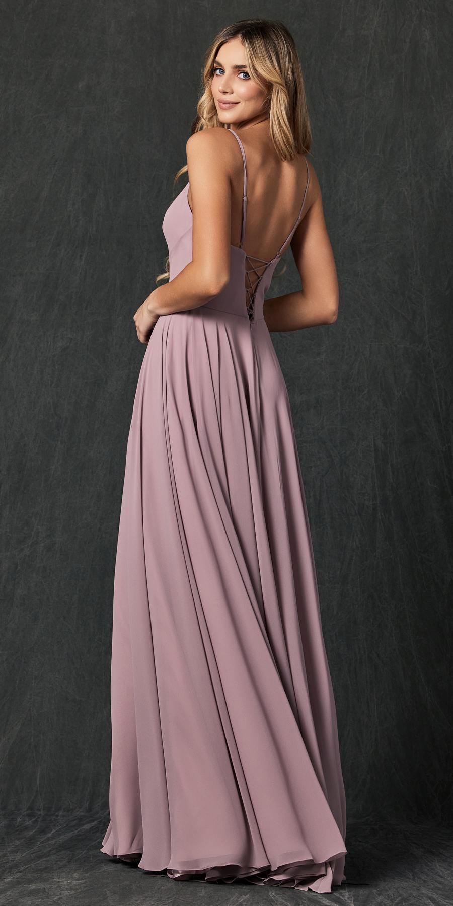 Spaghetti strap long formal dress in mauve with open back and flowing skirt
