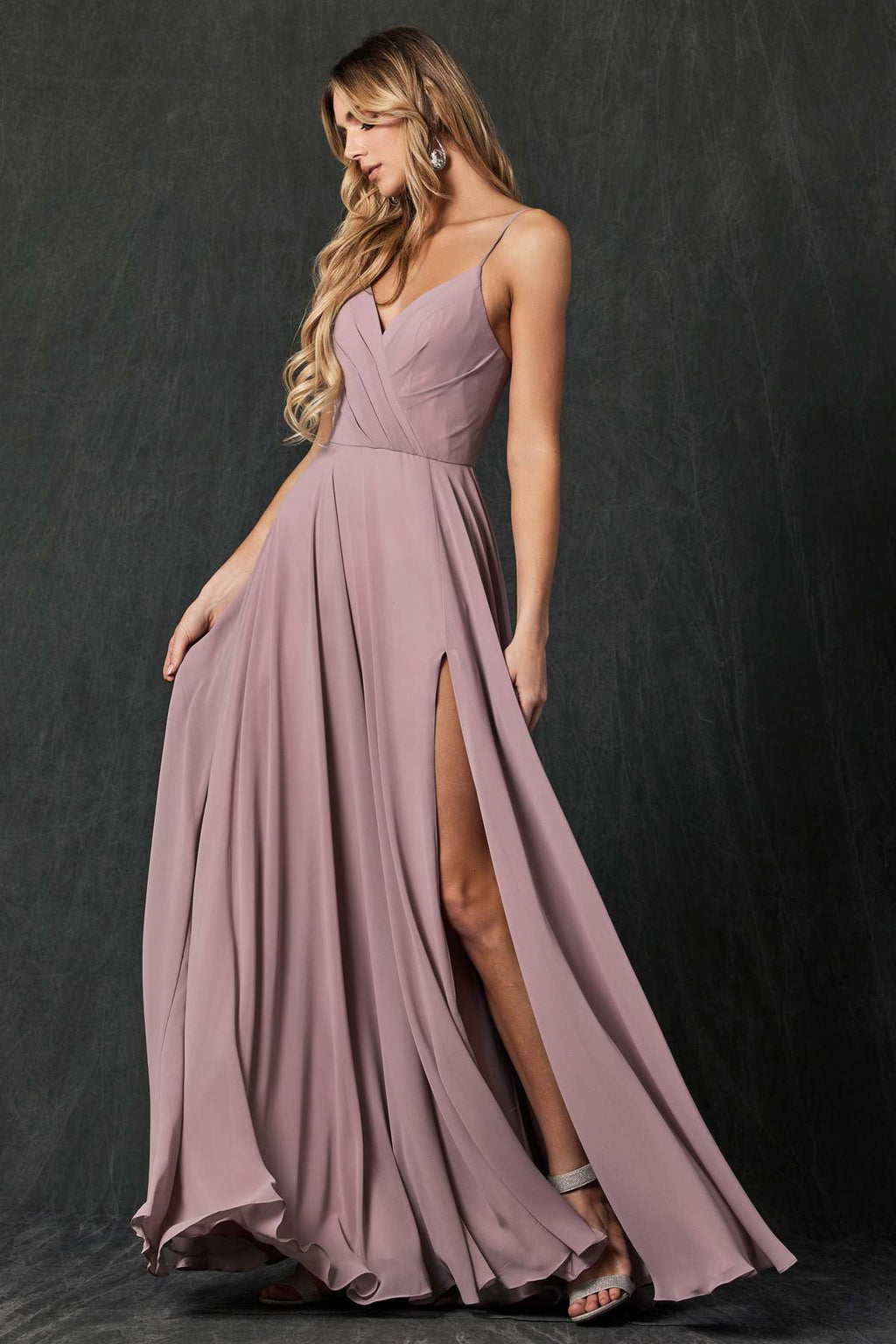 Spaghetti strap long formal dress in mauve with V-neck and front slit