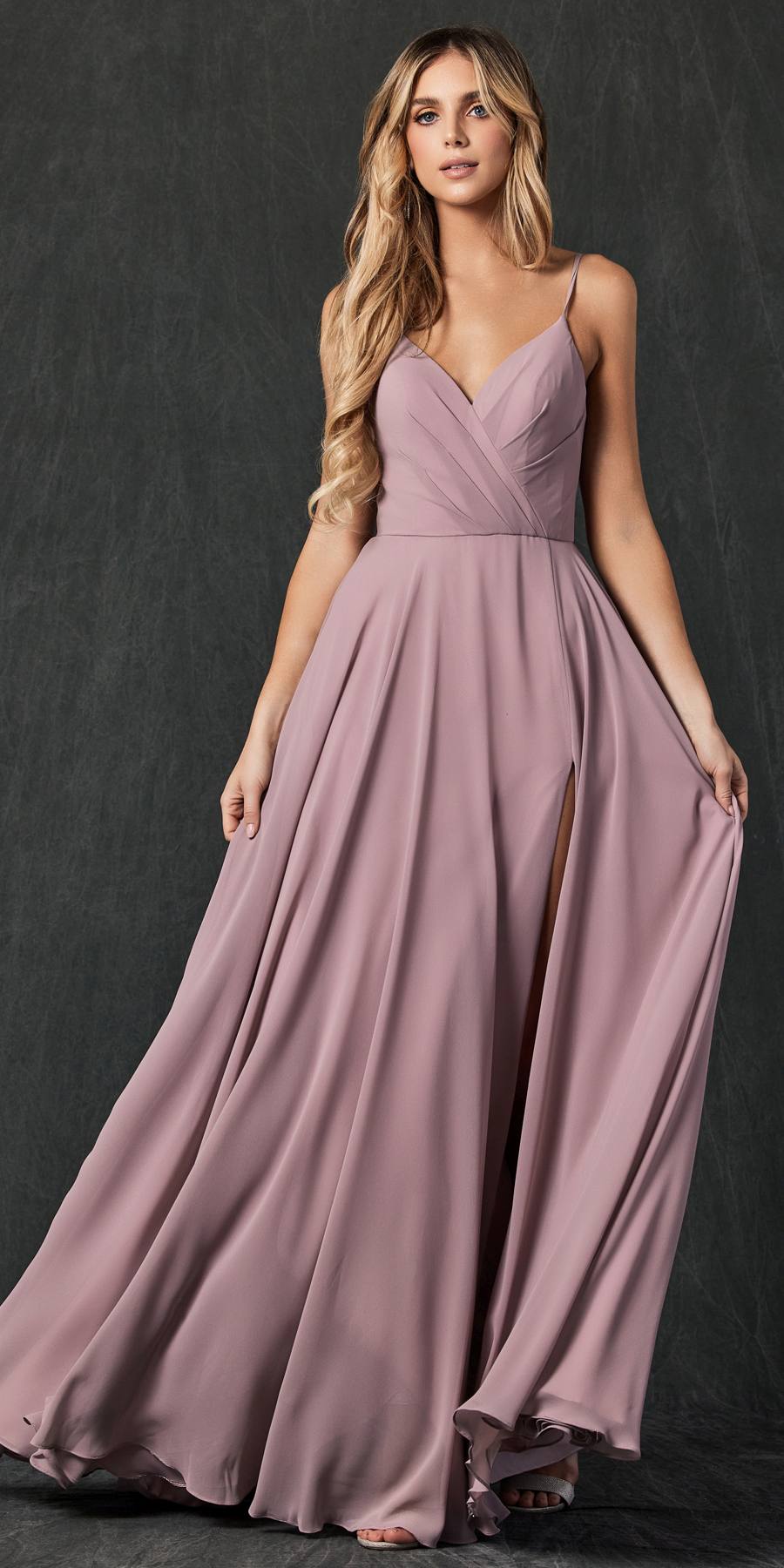 Spaghetti strap long formal dress in mauve with V-neck bodice and flowing skirt