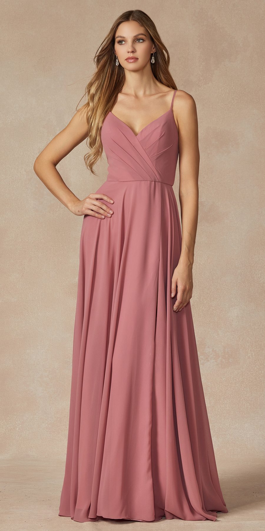 Spaghetti strap long formal dress in dusty rose with V-neck bodice and full skirt