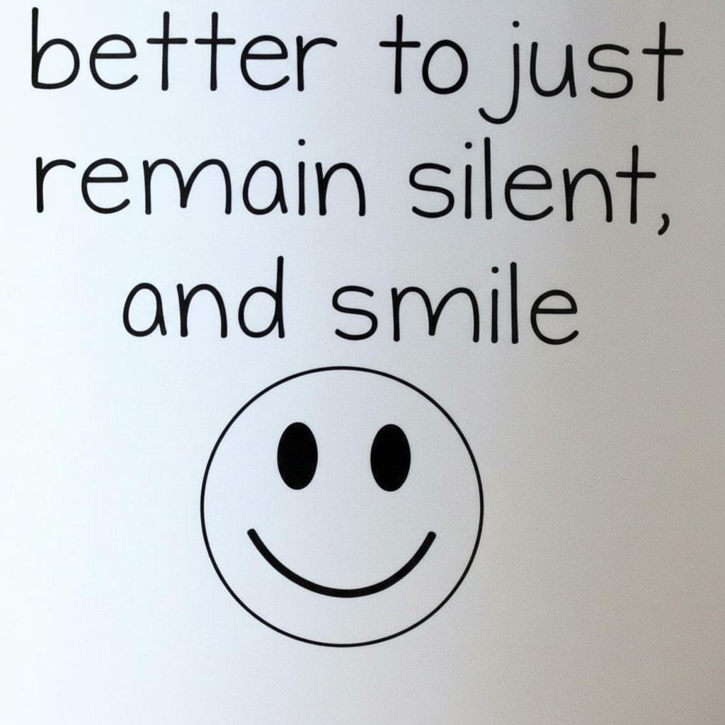 Close-up of white coffee mug print: 'better to just remain silent, and smile' with smiley