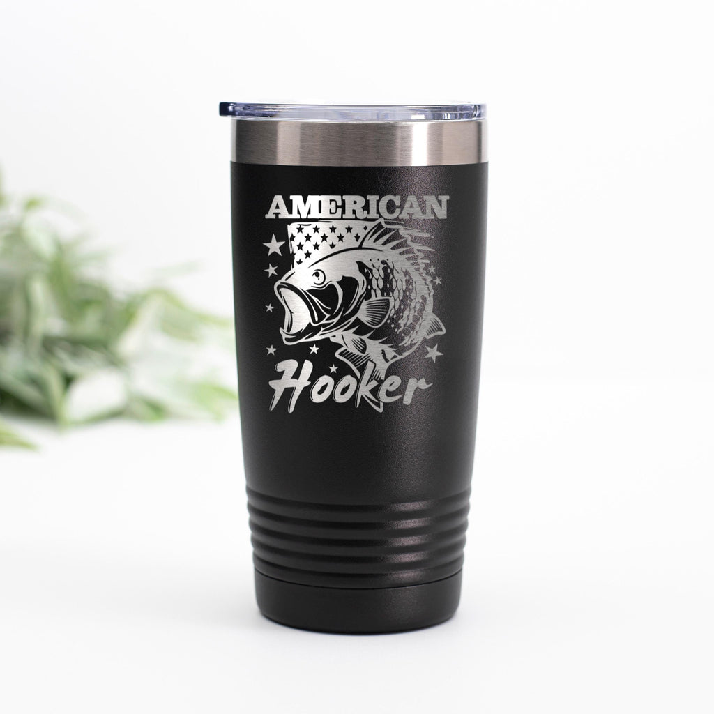 Black insulated stainless steel tumbler with spill-resistant lid, American Hooker fish print