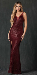 Burgundy long fitted sequin dress with V-neck and sequined finish