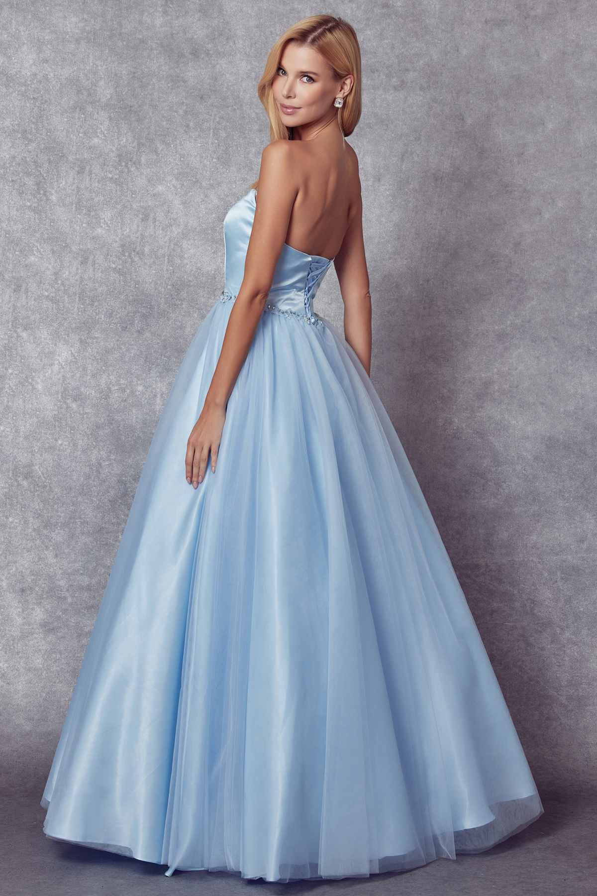 Light blue strapless A-line ball gown with beaded waist belt, floor-length skirt