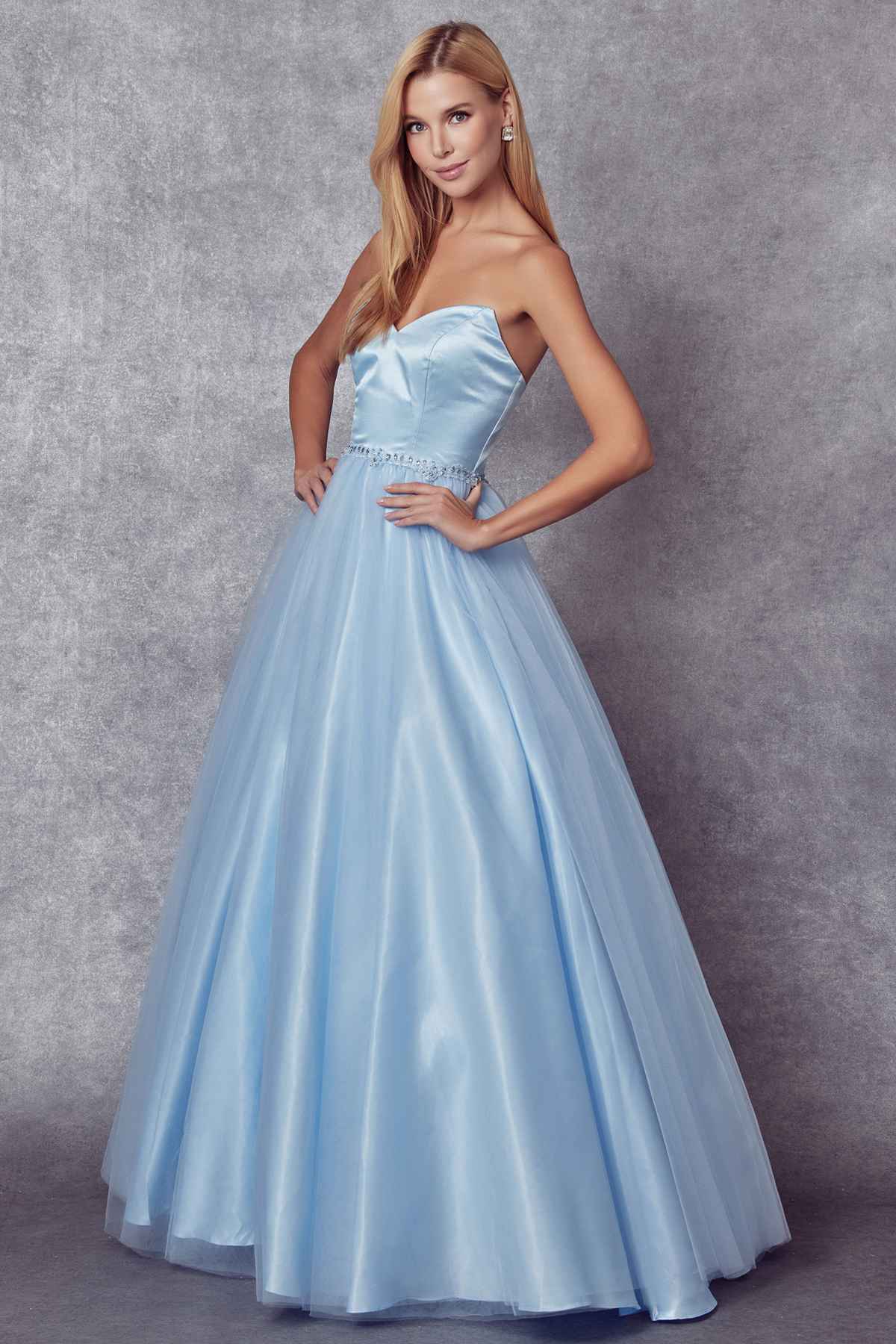 Light blue strapless A-line ball gown with beaded belt and gathered bodice